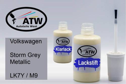 Volkswagen, Storm Grey Metallic, LK7Y / M9: 20ml Lackstift + 20ml Klarlack - Set, von ATW Autoteile West.